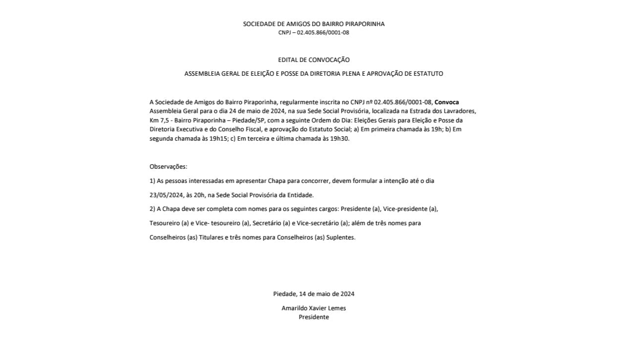 Sociedade de Amigos do Bairro Piraporinha convoca para Assembleia Geral.